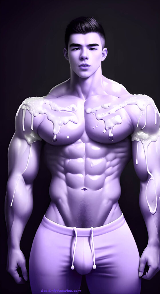 OnlyFans male cumshots photo of muscular shirtless man with cream dripping from chest, purple filter