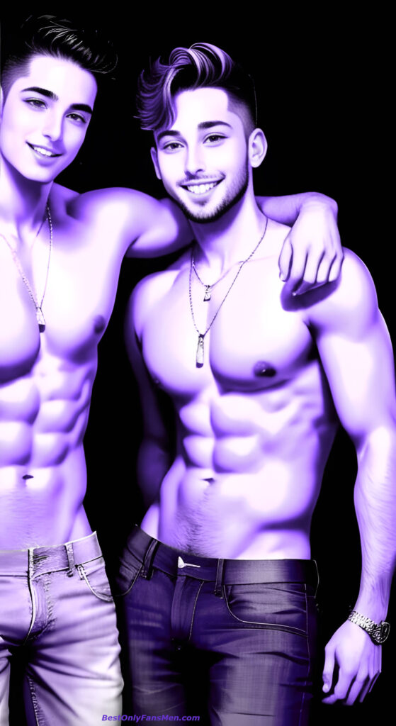 gay onlyfans two shirtless muscular men holding each other and smiling, purple filter