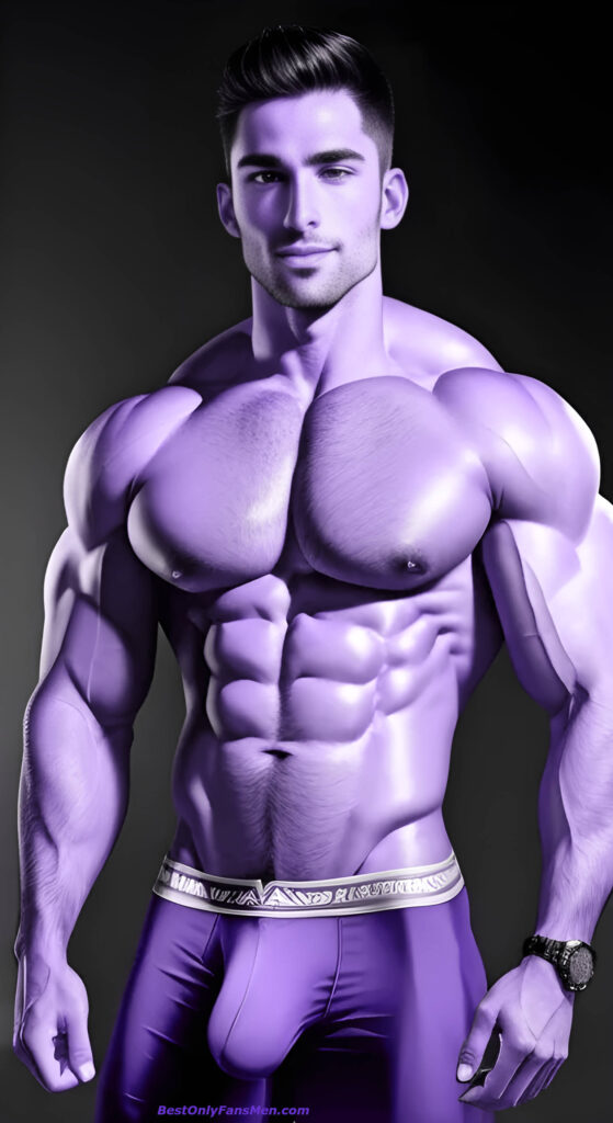Hung onlyfans men big bulging crotch on a shirtless muscular man, purple filter