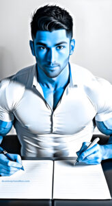 Muscular man in white muscle polo writing his bio for OnlyFans with pens in both hands, blue filter
