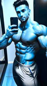 onlyfans star posing with bulging crotch, blue filter, large chest with hair and massive biceps