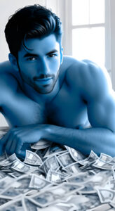 starting onlyfans a beautiful man with perfect hair laying on a pile of cash, shirtless, blue filter