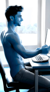 onlyfans creator with ear-ring wearing now shirt and low-hanging jeans on unique laptop keyboard smiling, blue filter